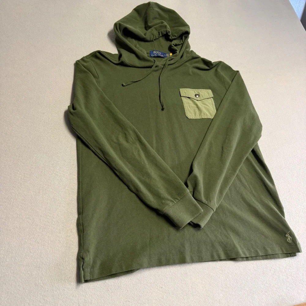 Polo Ralph Lauren Mens Olive Green Pique Hoodie Contrast Pocket Long Sleeve LG